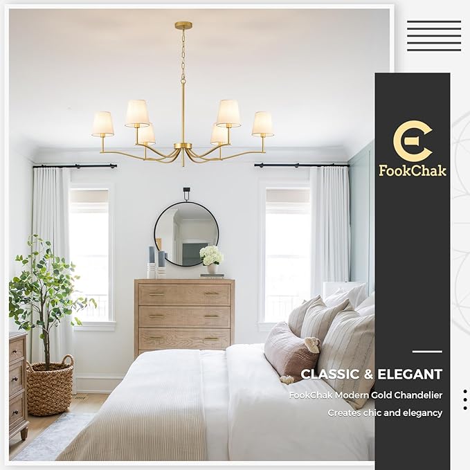 6 Light Brass Gold Chandelier with White Fabric Shade 44'' Linen Dining Room Chandeliers Over Table Kitchen Chandeliers Light Fixture for Living Room Bedroom Entryway Home Office