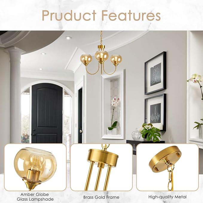 Mid Century Modern Globe Chandelier 3 Light Amber Glass Vintage Sputnik Chandeliers Gold Pendant Light Fixtures for Dining Room Kitchen Living Room Bedroom