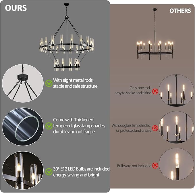 Black Wagon Wheel Chandelier 2 Tier, 60 Inch Chandeliers with Glass Shade, 30-Light Large Chandelier for High Ceiling, Modern Farmhouse Chandeliers for Living Room, Dining Room, Entryway and Staircase