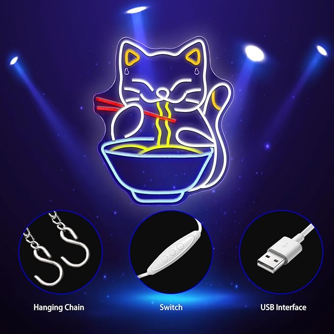 Neon Sign, Cat Ramen Neon Signs for Wall Decor Neon LED Signs Room Neon Light Up Signs Home Decor for Business Restaurant Bedroom Club Party Bars Shop Decoration USB Operated