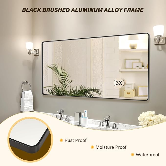 72X36 Inch Black Metal Framed Bathroom Mirror for Wall, Rounded Rectangle Vanity Mirror, Environmentally Friendly, Anti-Rust