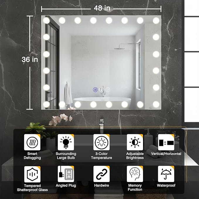 48x36 Hollywood Lighted Mirrors for Bathroom Wall, Smart Mirror for Bathroom with Dimmable LED Bulbs, 3 Color Temperatures, No Fog Mirror, Tempered Glass, Memory, Horizontal/Vertical