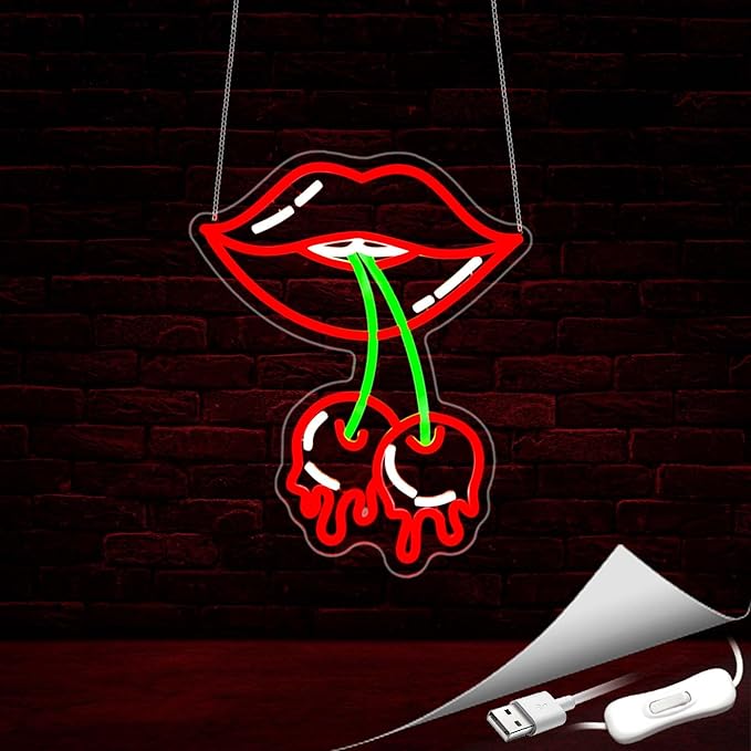 Cherry Lips Neon Sign, Neon Signs for Wall Decor Neon Red LED Signs Room Neon Light Up Signs Home Decor for Bedroom Club Party Bar Shop USB Operated