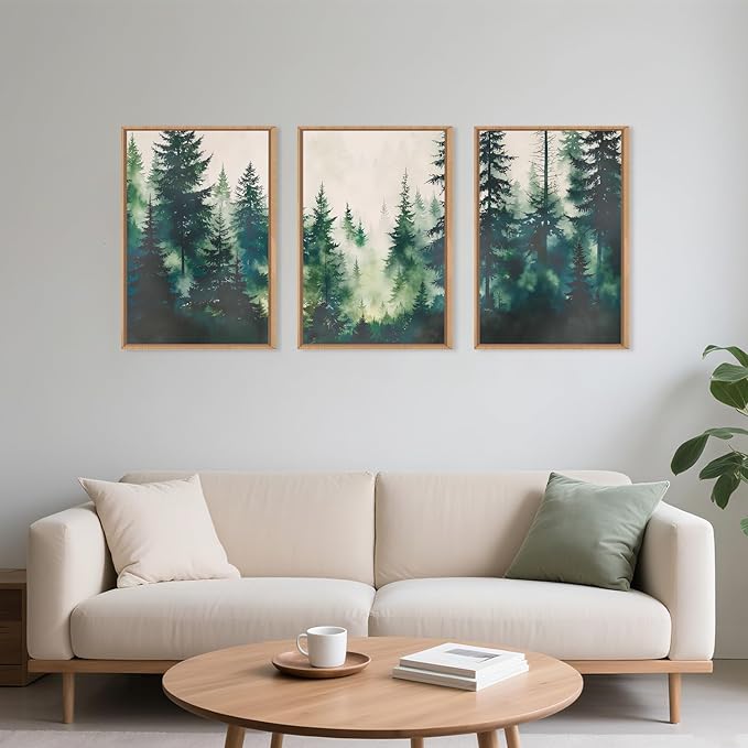 Misty Forest Landscape Framed Canvas Wall Art Set, Nature Green Pine Tree Wall Decor, Calming Greenery Boho Scenery Artwork Watercolor Modern Foggy Print for Living Room,Bedroom-24 x36 x3