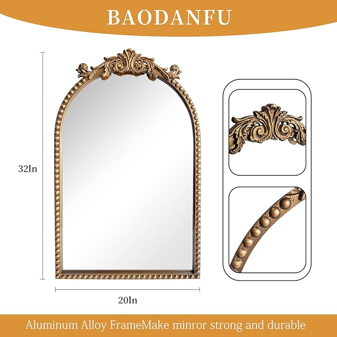 Arendahl Traditional Vintage Arch Mirror, 20" X 30" Baroque Ornate Accent Wall Mirrors Decorative Beaded Frame for Bathroom Sink, Entryway, Bedroom Vanity, Over Mantel Fireplace Wall Decor