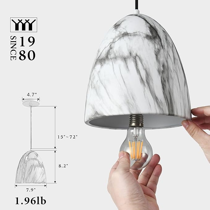 Modern Marble Pendant Light, 8.2"x7.9" Metal Hanging Light Fixture with Faux White Stone Finish, 15"-72" Adjustable Line, E26 Socket for Dining Room, Kitchen, Entryway, Bedroom – Ivory Quartz