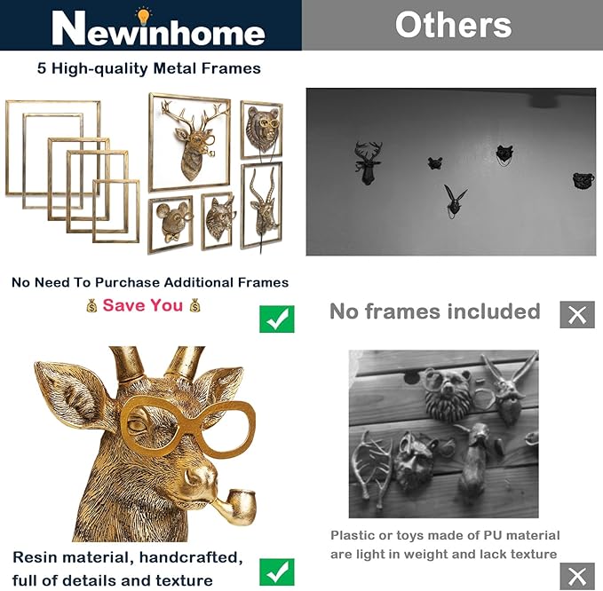 Newinhome Animal Heads Wall Decor (5pcs, Includes Metal Frame) Resin Animals Sculptures Head Wall Hanging Decoration Gold vintage Wall Sculpture for Living Room Bedroom Office