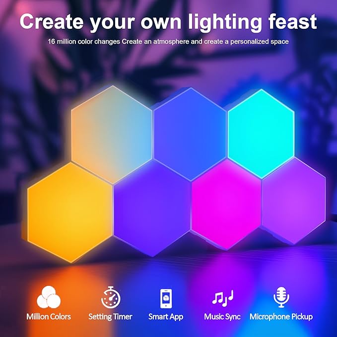 10Pcs RGB Hexagon Light Panels LED Wall Lights, Smart Modular Gaming Lights Creative Wall Lights with APP, Cool DIY Honeycomb Shape Panels Hexagon Lights with Music Sync for Indoor Decor