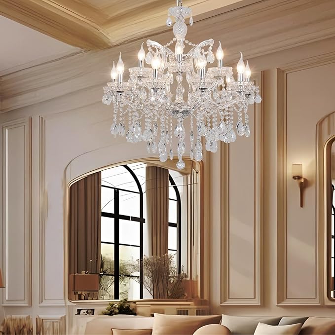 Modern Chrome Chandelier Light Fixture - Luxurious Maria Theresa Crystal Chandeliers for Dining Room, Kitchen Island, Living Room, Staircase, 15 Lights, 2 Layers