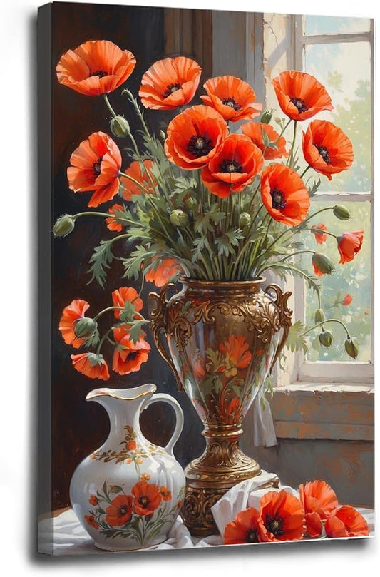 Vibrant orange poppy flowers canvas painting Gold vase White ceramic jug Intricate floral pattern Sunlit window Peeling paint Realistic brushstrokes Rich color palette Botanical wall art decor