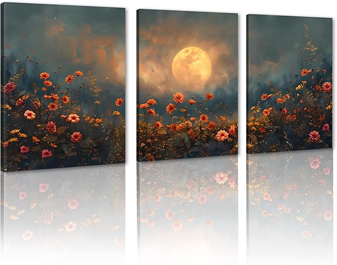 3 pcs Full Moon Floral Canvas Wall Art Moonlit Pine Tree and Wildflowers Woodland Nature Landscape Picture Wall Decor Poster Print Artwork for Bedroom Living Room Home Decoration-12 x16 x3pcs