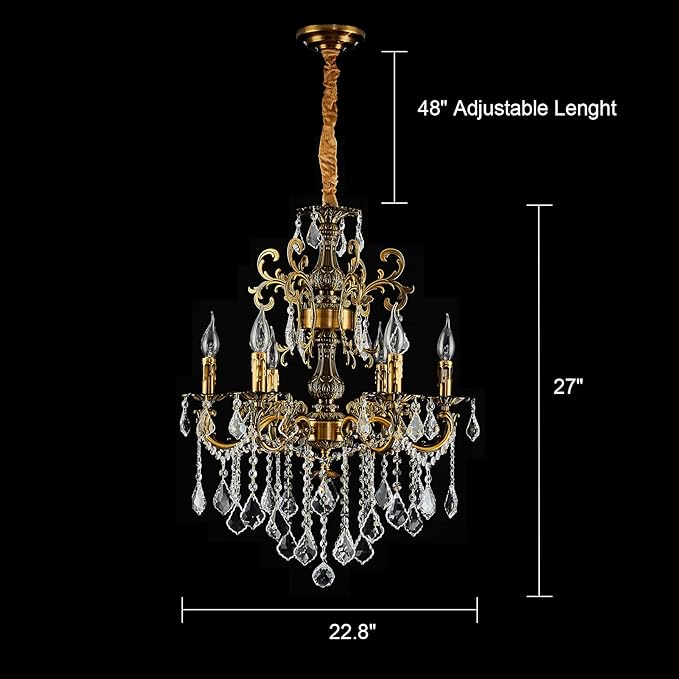 6 Light Classic Traditional Candle-Style Crystal Chandeliers for Dining Room Living Room Bedroom entryway Antique Gold Finish