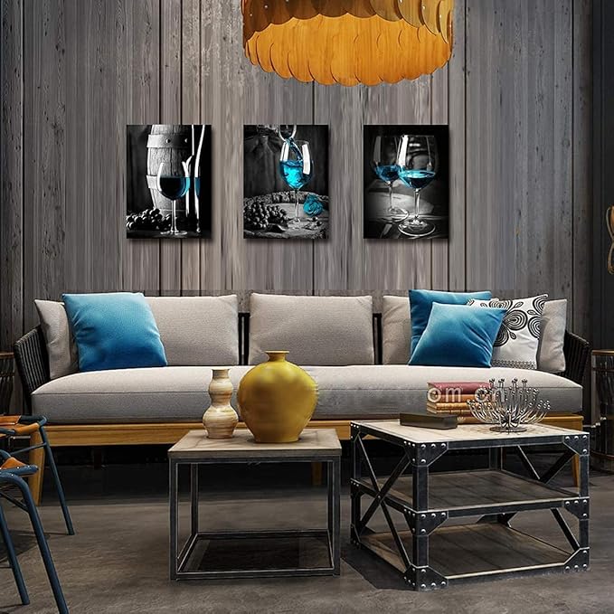 Kitchen Wall Decor Canvas Art Still life Wine Glass Painting for Home Decoration Black and White Fruit Goblet Bar Prints Posters Bedroom Dining Room Pub Yellow Rose Framed Artwork 7x10 inch 3 Pieces