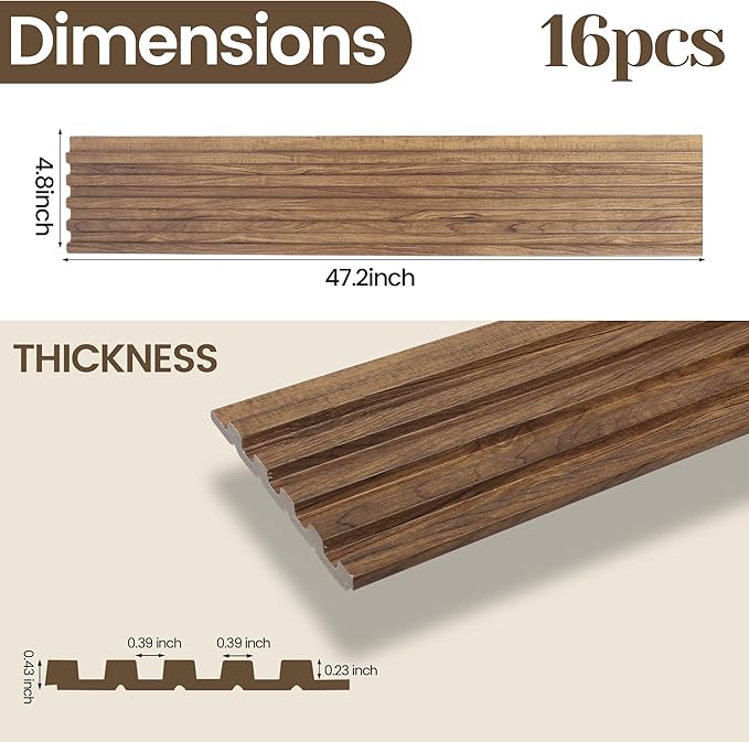 KASARO 3D Faux Wood Wall Panels - 16 Pack (47.2"x4.8") Fluted Slat Paneling for Walls & Ceilings, Adhesive or Nail Install, Waterproof Textured Decor - Living Room, Bedroom, Natural