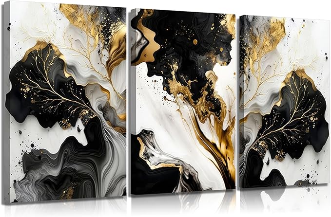 3Pcs Abstract Marble Canvas Wall Art Picture Black White Gold Texture Poster Print Modern Painting Wall Decor for Bedroom Living Room Office 12x16in Framed