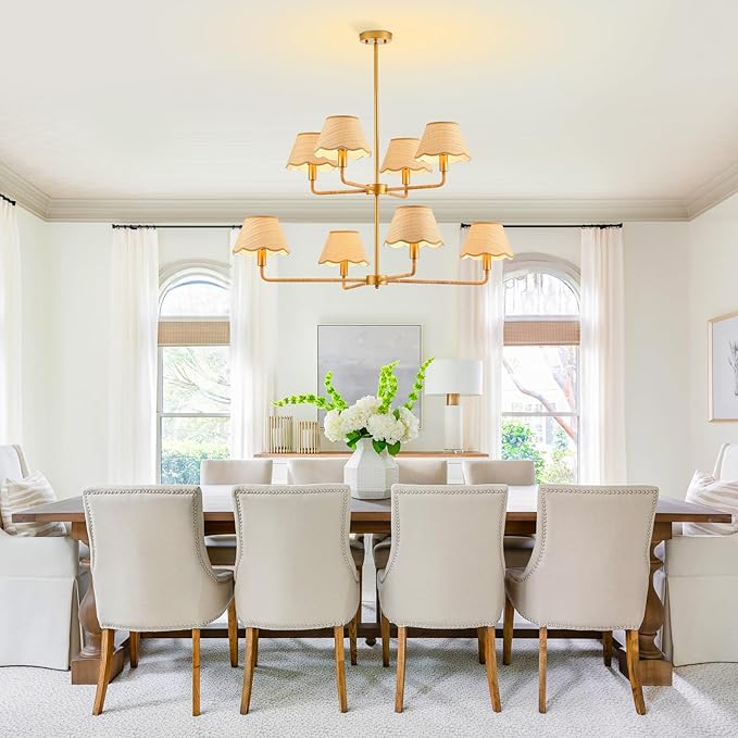 2-Layers Boho Rattan Chandelier 8-Lights Rustic Industrial Pendant Light Large Adjustable Pendant Lighting Fixtures for Kitchen Island Dining Living Room, Dia 41”, UL Listed