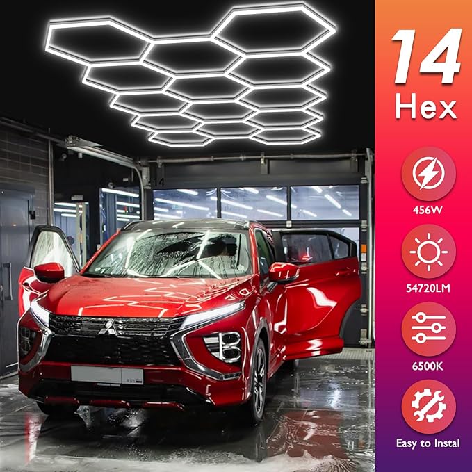 BRILLIHOOD Hexagon Garage Lights, LED Honeycomb Garage Lights, 456W, 54720LM, 6500K Super Bright, 14 Grid Systems Car Detailing Lighting for Warehouse Workshop Basement Gym