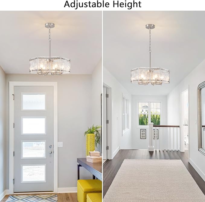 Modern Textured Glass Chandelier,18.7" Luxury Crystal Drum Brushed Nickel Chandeliers, Farmhouse Hexagon Hanging Light Fixture for Dining Room Kitchen Living Room Hallway Bedroom