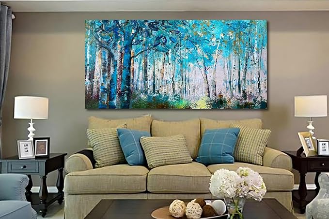 Ardemy Blue Tree Wall Art for Living Room Extra Large Canvas Wall Decor Forest Landscape Picture Bedroom Nature Teal Abstract Painting Artwork Textured Art for Home Office, 58"x29"