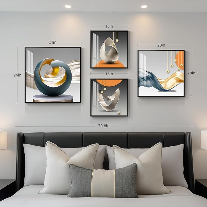 4 Piece Framed Modern Wall Art Set, Abstract Luxury Geometric Prints Artworks, Contemporary Minimalist Orange Gray and Gold Pictures Painting for Living Room, Bedroom, Hallway and Office