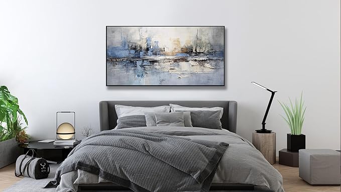 Abstract Wall Art Blue and White Reflection Large Size Framed Artwork Wall Decor Canvas Painting Stretched Canvas Wooden for Living Room Bedroom Office Home Decor Frame ready for hanging 31"x70"