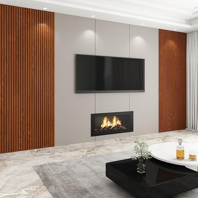 8-Pack WPC Wall Panels 118’’ x 6.1’’ 3D Slat Wall Panel Acoustic Wall Paneling for Interior Wall Decor TV Background Kitchen Bedroom Teak