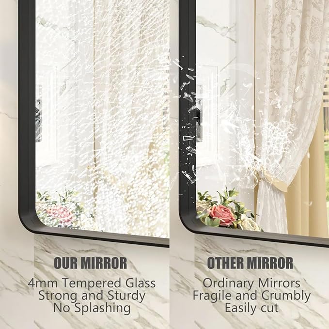 30x36 Black Matte Bathroom Mirror, Rectangle Framed Vanity Mirror for Wall, Rounded Corner, Anti-Rust, Shatterproof (Horizontally/Vertically)