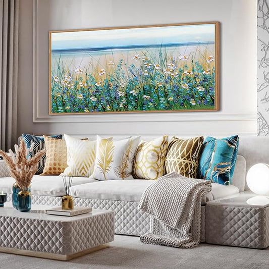 Large Blue Seaside Cyan Floral Wall Painting wildflower Blossom Art Framed Artwork for Living Room Bedroom 20x40 Inch
