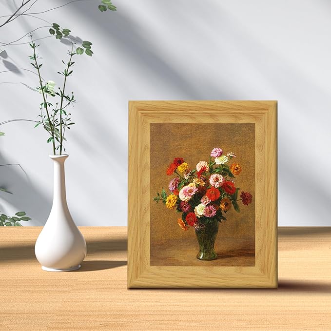 Brivoria Framed Canvas Wall Art Vintage Decor, Classical Autumn Floral Still Life with Colorful Zinnias in Green Vase and Warm Rustic Tones for Kitchen Entryway Bookshelf or Tabletop Fall Display,8x10