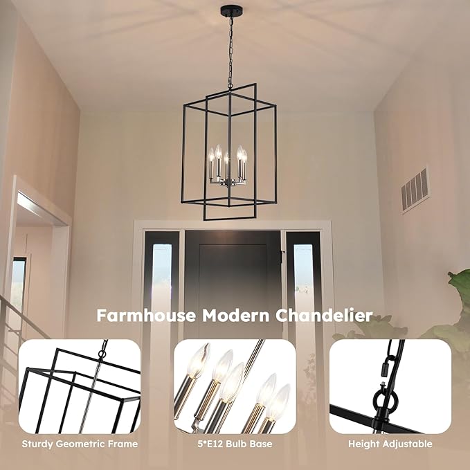 14" Black Chandelier, 5-Light Black Brushed Nickel Farmhouse Light Fixtures, Modern Rustic Hanging Lights, Industrial Kitchen Pendant Lighting Over Island for Dining Room Kitchen Foyer Hallway