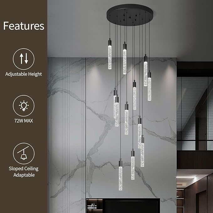 12-Light Modern Living Room Chandelier Black Crystal Ceiling Pendant Lights LED Dimmable 72W 6000K Staircase Large Chandeliers for Entryway Lobby Foyer High Ceiling Chandeliers