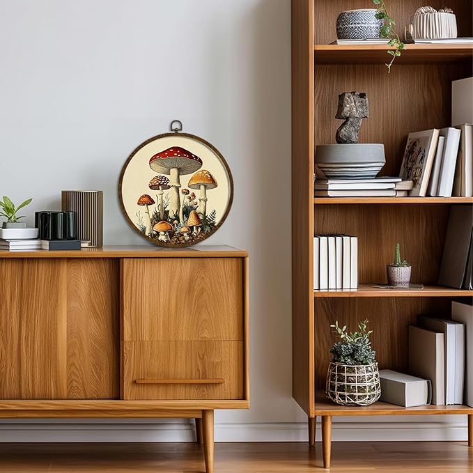 KLYTINK Vintage Fantasy Mushroom Wall Art, Round Canvas Wall Hanging Decor, Fantasy Forest Botanical Illustration, for Living Room,Bedroom,office 10x10 Inch(MG03)