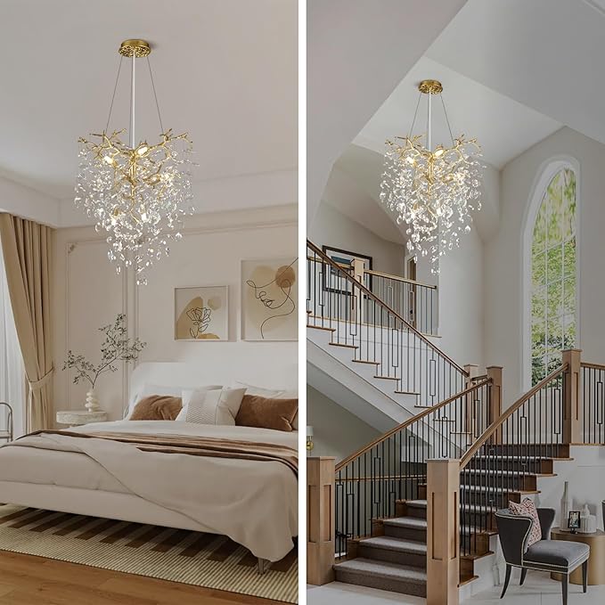 Modern Gold Crystal Tree Branches Chandelier,21 Inchs 6 Lights Modern Round K9 Crystal Chandeliers for Dining Room, Bedroom, Living Room, Foyer,Kitchen Island