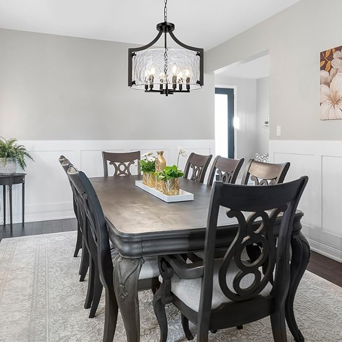 6-Light Glass Chandelier for Dining Room, 19.3'' Modern Black Foyer Chandelier Convertible Semi Flush Mount Ceiling Light, Farmhouse Pendant Lighting for Entryway Foyer Bedroom Kitchen