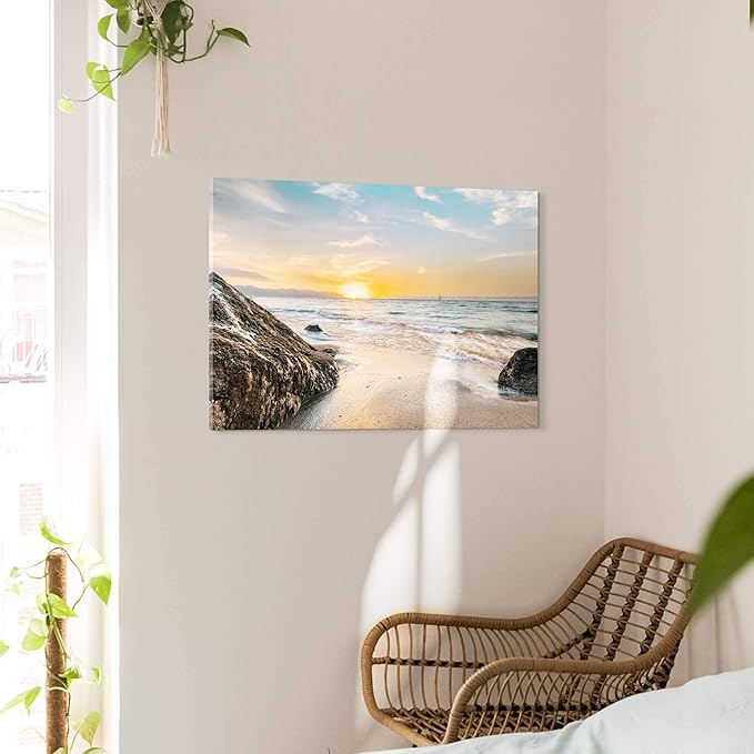 Beach Wall Art Canvas Bathroom: Ocean Scene Coastal Sunset Picture Sea Seascape Sailboat Print Painting Seaside Landscape Seashore Rock Artwork Decor for Living Room Bedroom 24 x 16 Inch