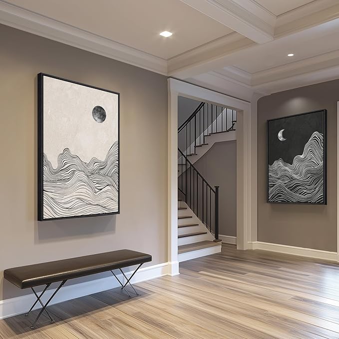 Large Framed Black and White Abstract Wall Art, Set of 2 Modern Canvas Prints Paintings Artwork for Walls, Abstract Mountain and Moon Pictures for Living Room, Bedroom, Dining Room Wall Decor 20x30 In