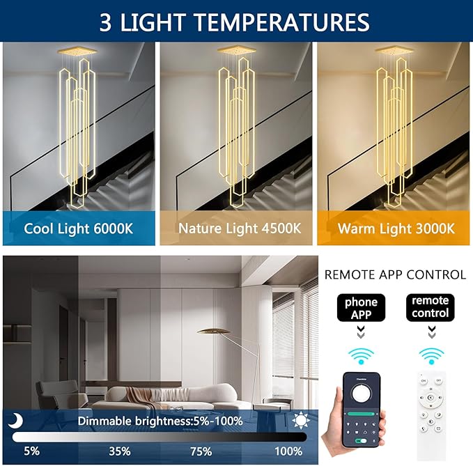 6 Rings Large Chandelier for Staircase Modern High Ceiling Chandelier LED Dimmable Chandeliers for Foyer Living Room Villa Gold