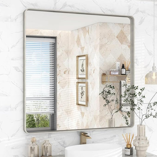 36x36 Inch Brushed Nickel Bathroom Mirror, Square Brushed Silver Metal Framed Wall Mirror, Rounded Corner Rectangle Modern Vanity Mirror, Tempered Glass, Anti-Rust, Shatterproof (Horizontal/Vertical)
