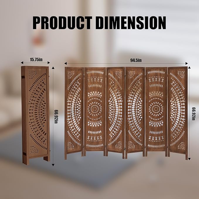 6 Panel Wood Room Divider Fully Assembled, Decorative Room Dividers and Folding Screens, 5.6Ft Room Divider Screen Freestanding Partition Wall Dividers for Home Bedroom Office, Dark Brown