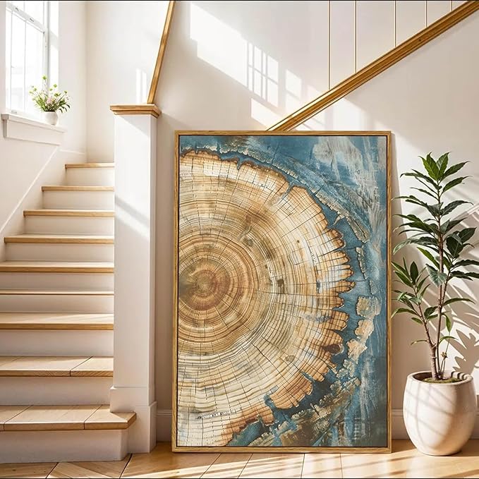 BingruiArt Large Framed Tree Ring Wall Art Wood Canvas Green Boho Wall Decor Rustic Artwork Abstract Painting Farmhouse Picture Nature Print for Living Room Bedroom Bathroom 24"x36" Natural Framed(08)