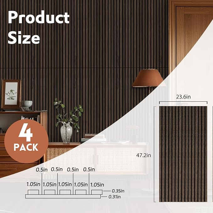 4 Pack Wood Panels for Wall, 47.2"×23.6" Wood Slat Acoustic Panels for Wall, Soundproof Panels, 3D Fluted Panels for Interior Decor (Dark Walnut)