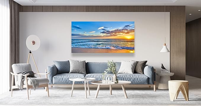Aibonnly Wall Art Canvas Painting Seaside Sunset over the beaches 1 Piece blue sea view Landscape Ocean Picture Poster Print Framed Ready to Hang for Living Room Bedroom Kitchen Office