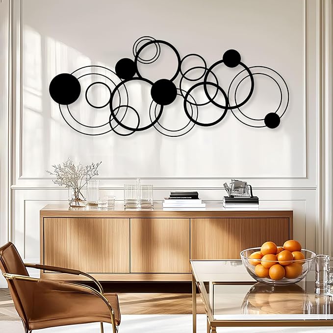 Abstract Circles Metal Wall Art, Geometrical Metal Wall Decor, Gold Circle Decorations, Circular Geometric Artwork, Large Rectangle Sign, Modern Minimalist Home Decor (Black, 24"x10" | 60x25cm)