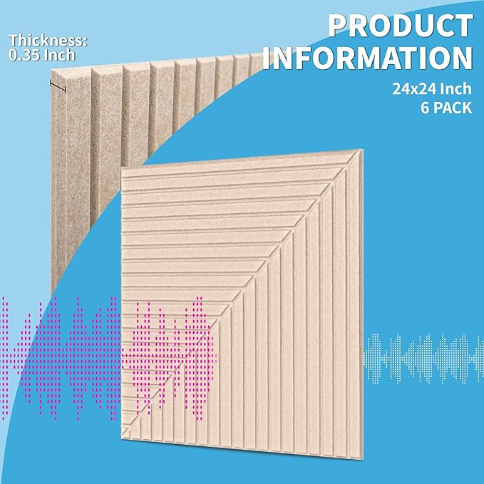 Art3d 6-Pack Self-Adhesive Acoustic Wall Panels for Home Décor, 24 x 24 Inch Soundproofing Panels for Office Studio Bedroom - High Noise Absorption Polyester Fiber, Camel