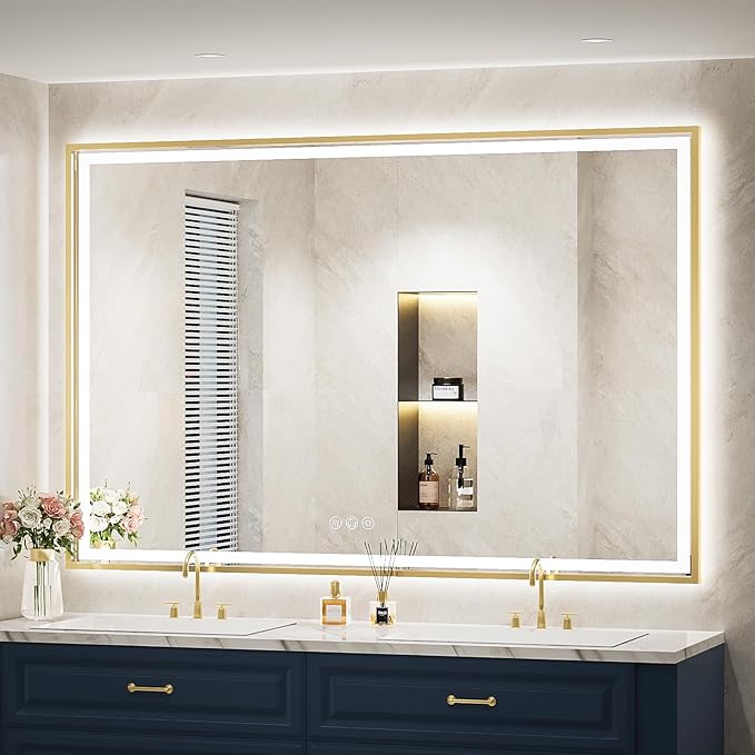 60X40 Inch Led Bathroom Mirror,Frontlit & Backlit Lighted Mirror,Gold Metal Frame Vanity Mirror for Wall,Double Lights Strips,Anti Fog Stepless 3 Colors Temperature & Dimmable