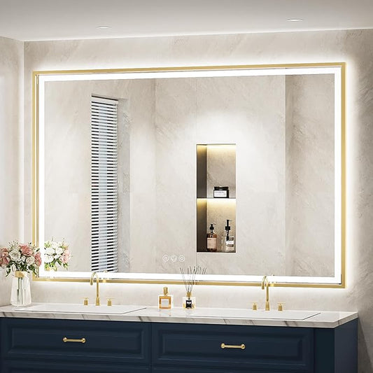 60X40 Inch Led Bathroom Mirror,Frontlit & Backlit Lighted Mirror,Gold Metal Frame Vanity Mirror for Wall,Double Lights Strips,Anti Fog Stepless 3 Colors Temperature & Dimmable