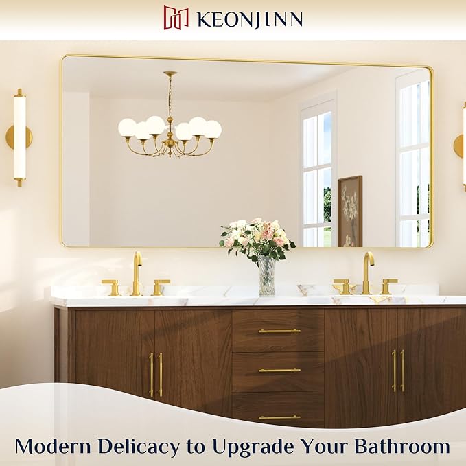 Keonjinn Brushed Gold Bathroom Mirror 72” x 36” Large Gold Bathroom Vanity Mirrors, Oversized Rounded Rectangle Mirror with Shatterproof HD Tempered Glass, Aluminum Alloy Frame(Horizontal/Vertical)