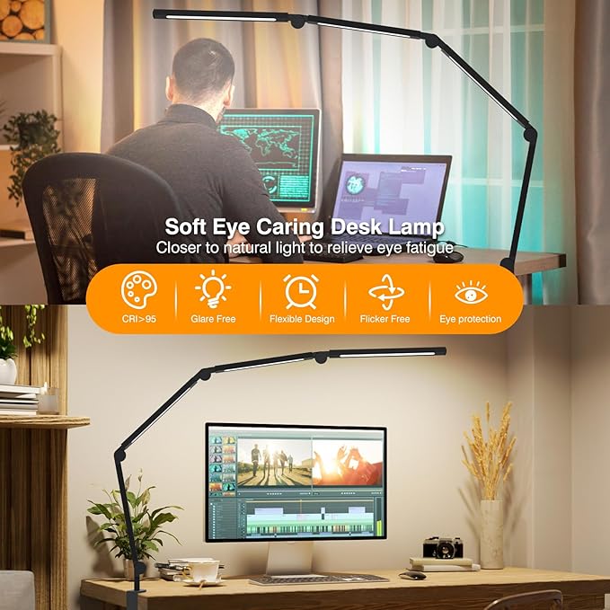 LED Desk Lamp with Clamp, Adjustable Swing Arm for Home Office, Dimmable Tempering Eye Care Table Light, Black Aluminum