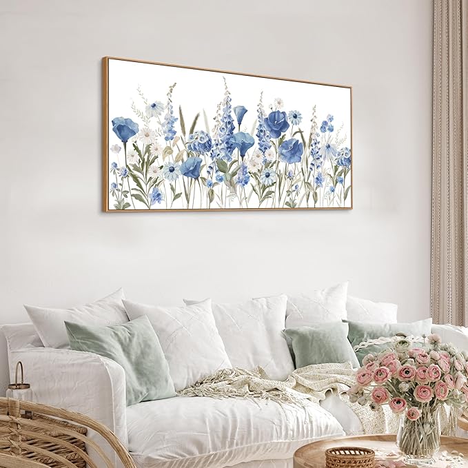 arteWOODS Elegant Flowers Framed Wall Art - Blue White Botanical Pictures for Wall Decor Floral Blossom Canvas Painting Print Artwork for Living Room Bedroom Home Office Wall Decoration 20" x 40"