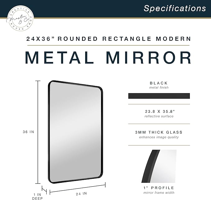 MCS Master & Co. Modern Metal Large Wall Mirror, Minimalist Home Decor Rectangle Mirror with Rounded Corners for Living Room, Bedroom, or Bathroom, 24 by 36 Inch, Black